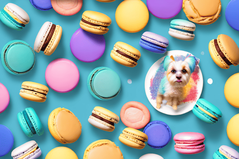A curious dog sitting in front of a plate of colorful macaroons