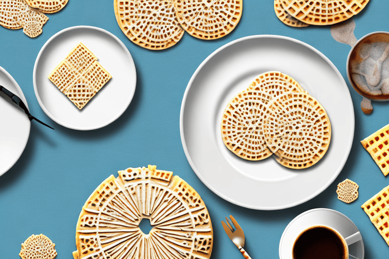 A curious dog looking at a plate of pizzelles on a table
