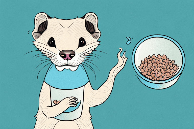A curious ferret sniffing around a bowl of dog food