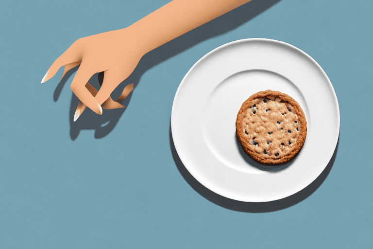 A dog sitting and looking curiously at an oatmeal creme pie placed on a plate in front of it