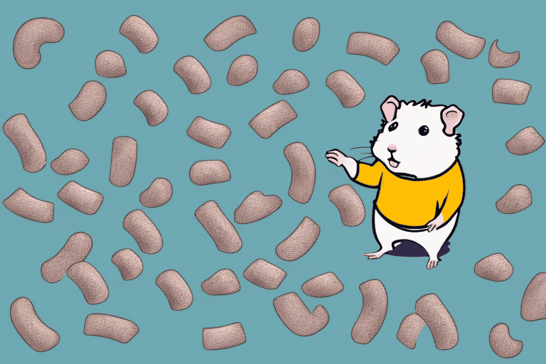 A curious hamster examining a small pile of dog food pellets
