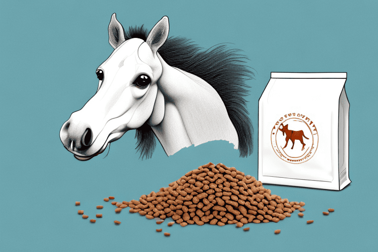 A curious horse peering into an open bag of dog food
