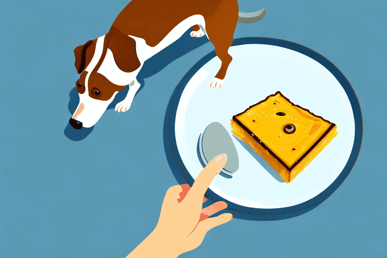 A curious dog looking at a piece of leche flan on a plate