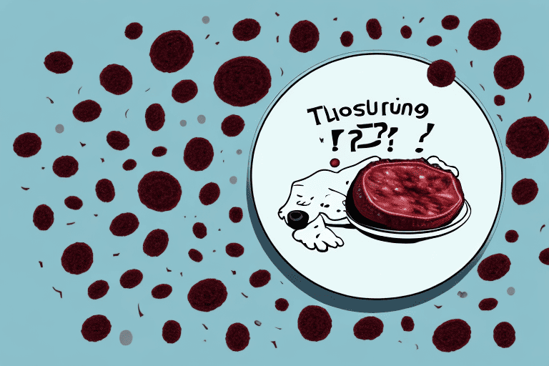 A curious dog sniffing at a plate of blood sausage
