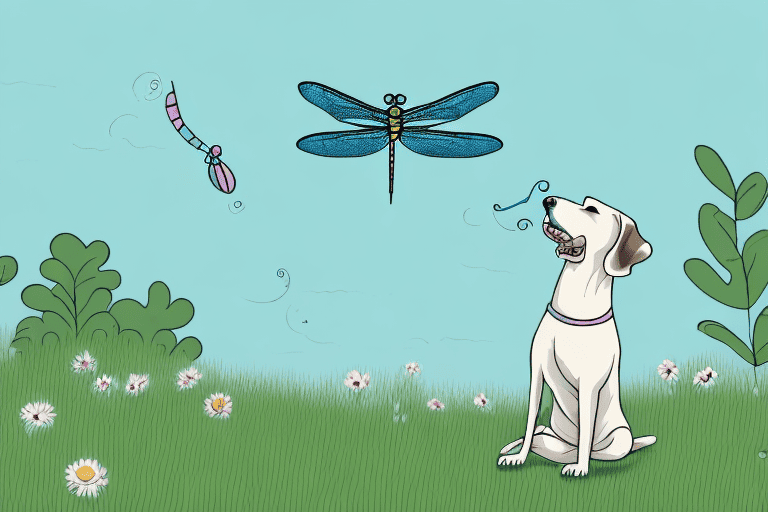 A curious dog looking at a flying dragonfly with interest