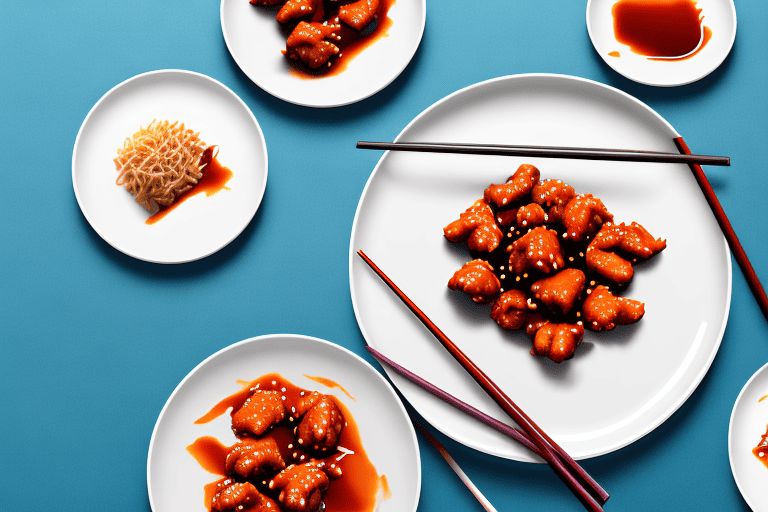 A curious dog looking at a plate of general tso chicken on a table