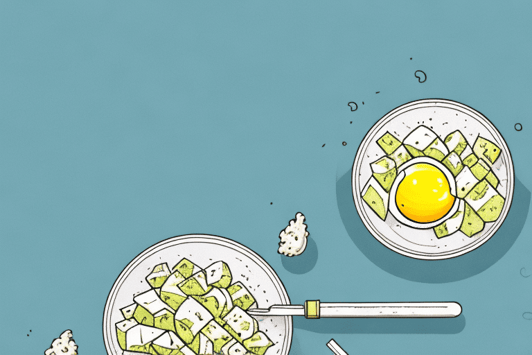 A curious dog looking at a bowl of egg salad on a table