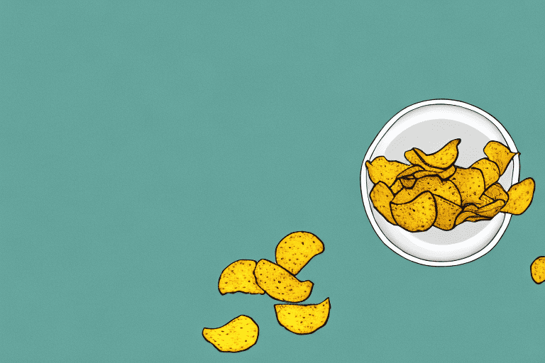 A curious dog looking at a bowl of jalapeno chips with a question mark above its head