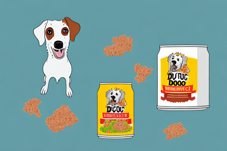 A curious dog sitting in front of a can of manwich