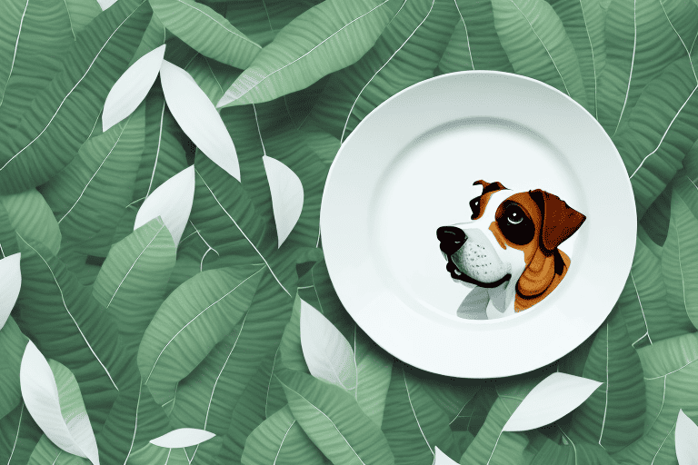 A curious dog sniffing at a bunch of perilla leaves placed on a plate