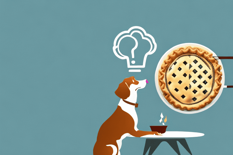 A curious dog looking at a chicken pot pie on a table