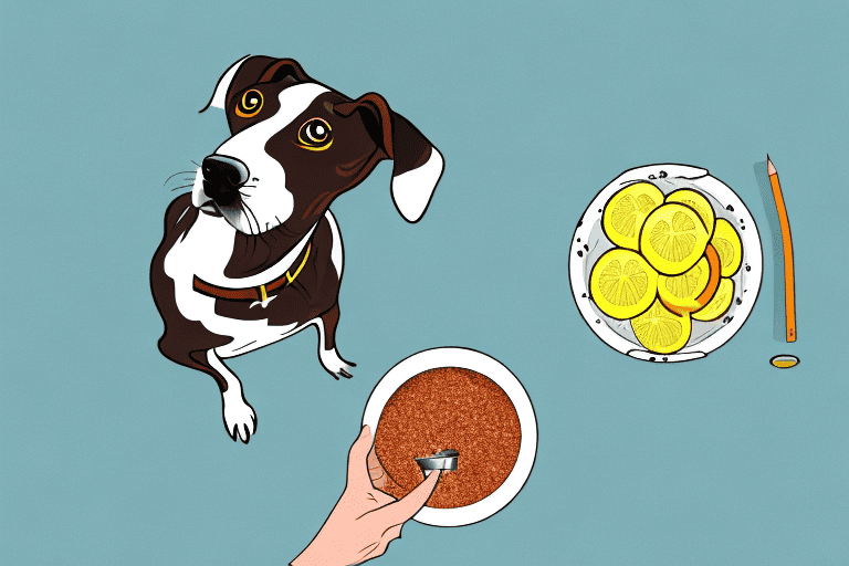 A curious dog sniffing a lemon pepper seasoning container near a bowl of dog food