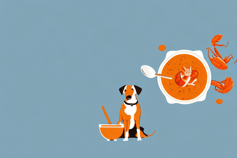 A curious dog sitting next to a bowl of lobster bisque