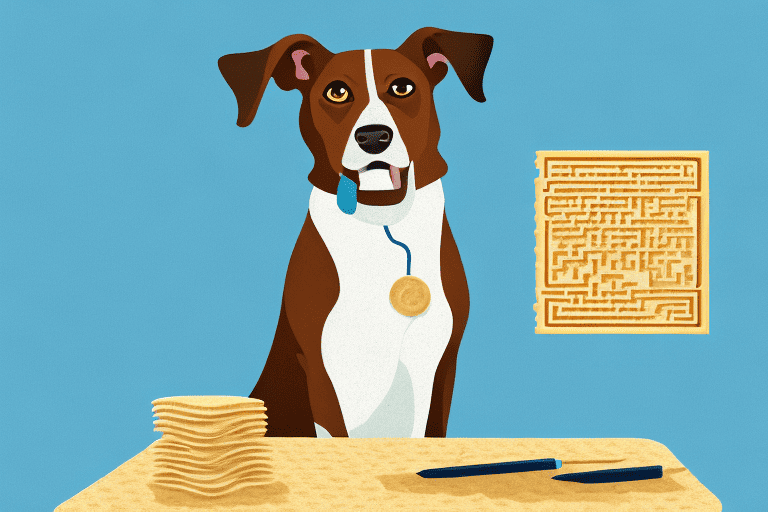 A curious dog sitting next to a table with a piece of matzah on it