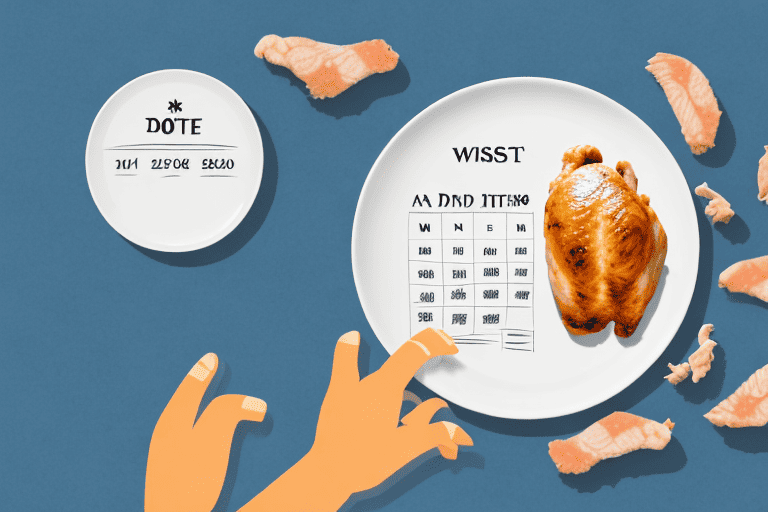 A curious dog looking at a plate of cooked chicken with a calendar showing a past date in the background