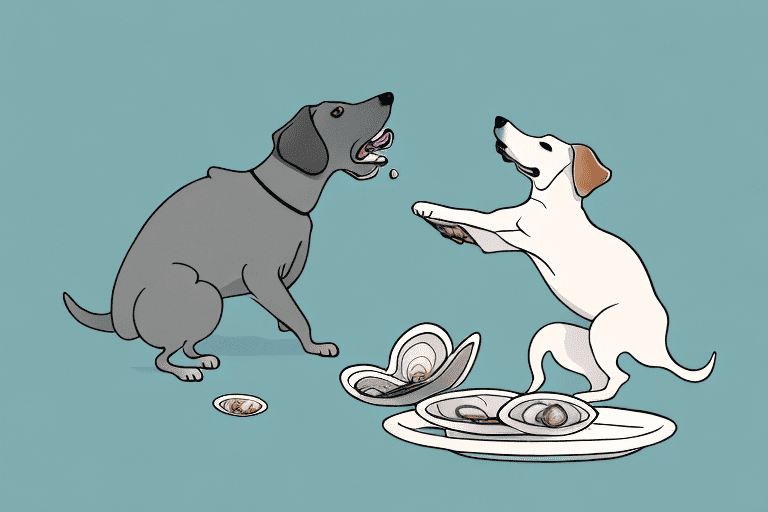 A curious dog sniffing a pile of mussel shells on a plate
