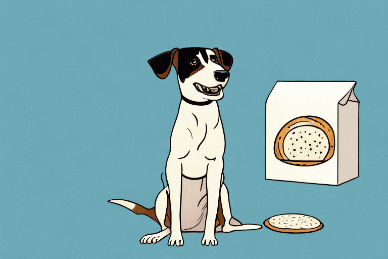 A curious dog sitting next to a table with a piece of pita bread on it