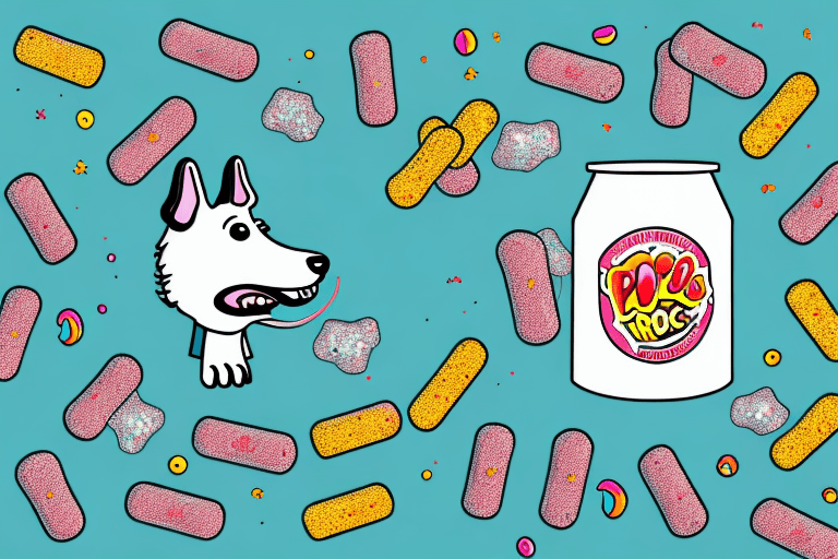 A curious dog sniffing a pack of pop rocks candy with a thought bubble above its head