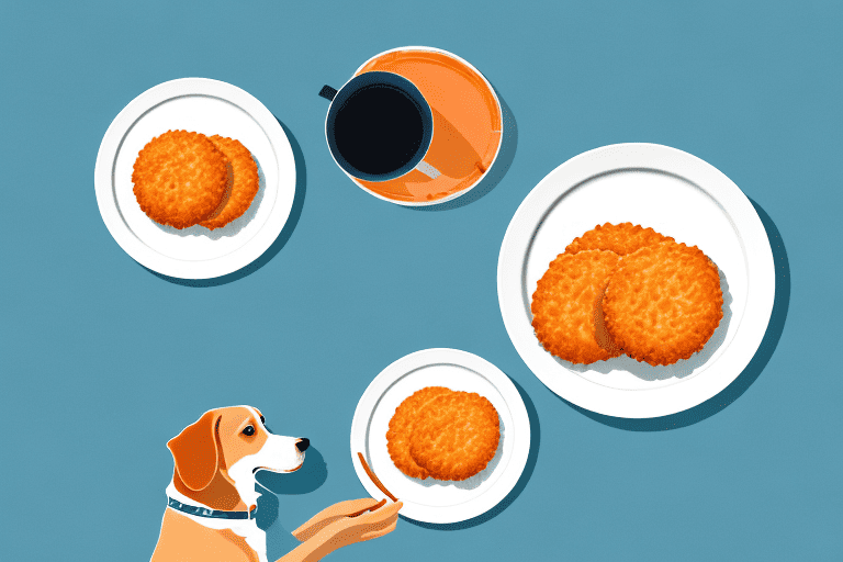 A curious dog sitting near a table with a plate of salmon patties on it