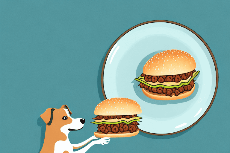 A curious dog sitting in front of a plate with a sloppy joe sandwich