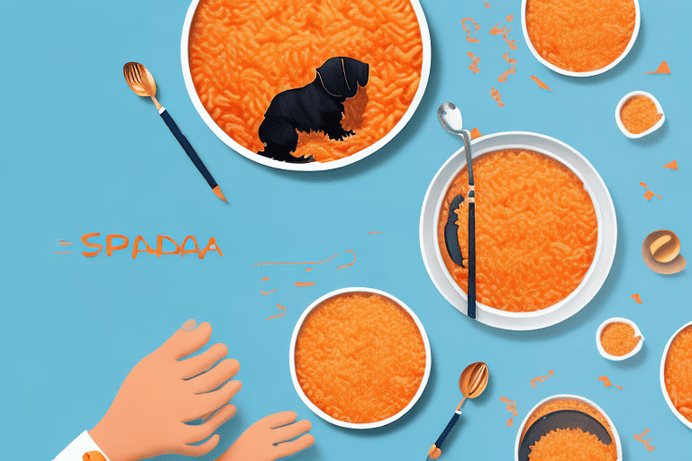 A curious dog looking at a bowl of spanish rice on a table