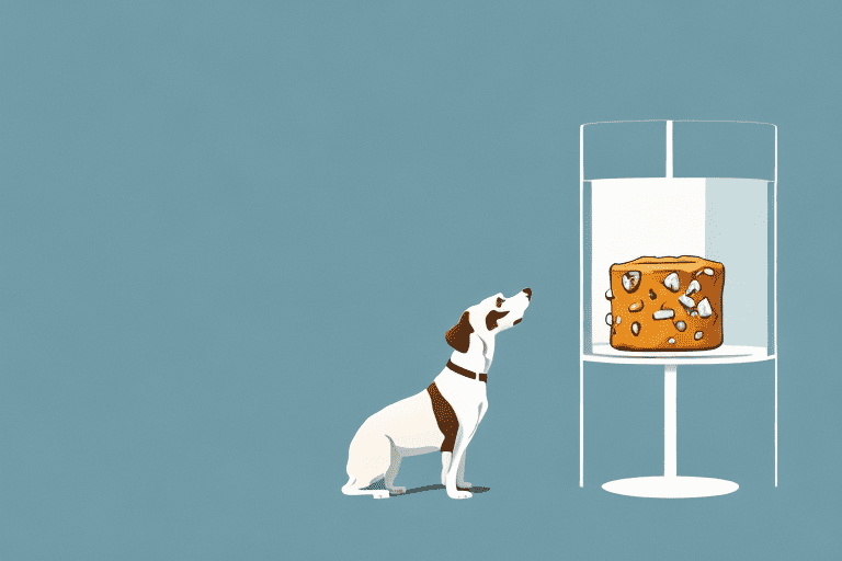 A curious dog looking longingly at a piece of toffee on a table
