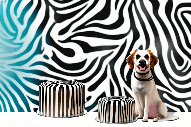 A curious dog sitting in front of a zebra cake