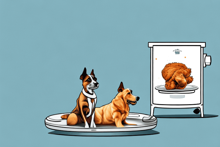 A curious dog sitting next to an air fryer