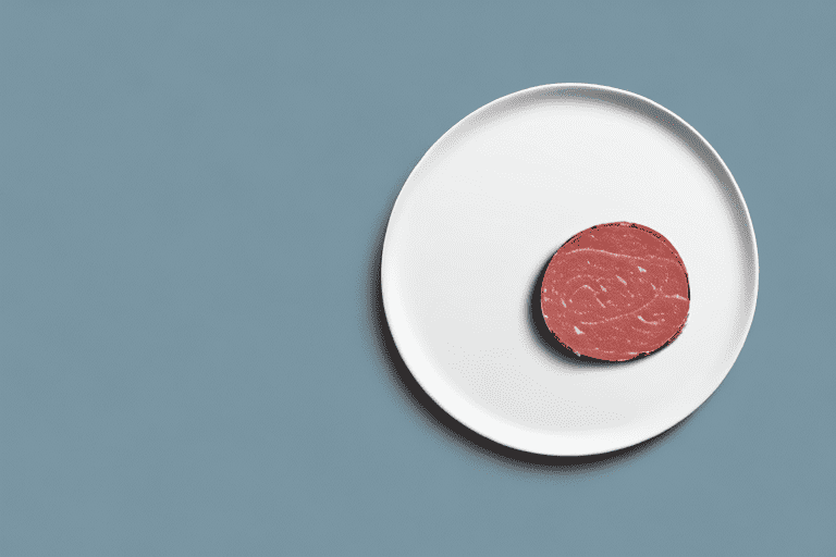 A curious dog sitting next to a plate of braunschweiger