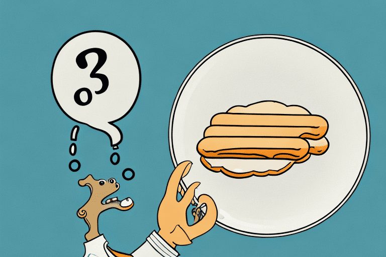 A curious dog sitting at a table with a plate of breadsticks in front of it