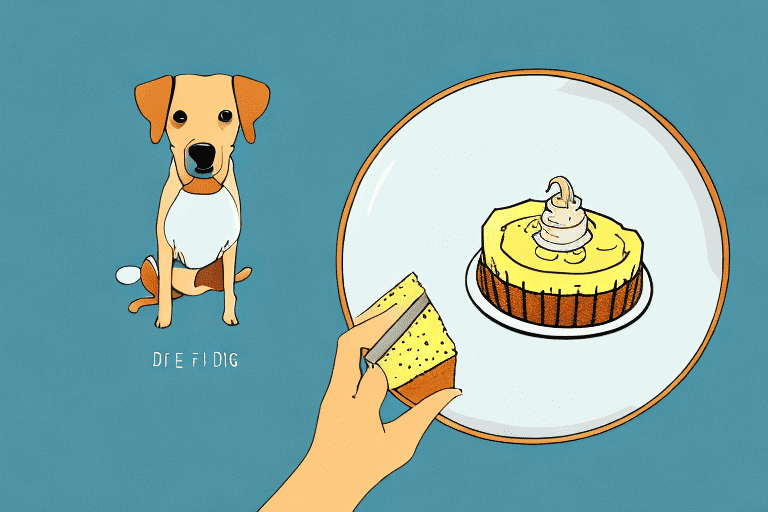 A curious dog sitting in front of a table with a piece of flan on a plate