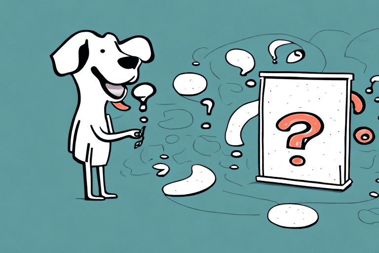 A curious dog looking at a clif bar on the floor with a thought bubble showing a question mark