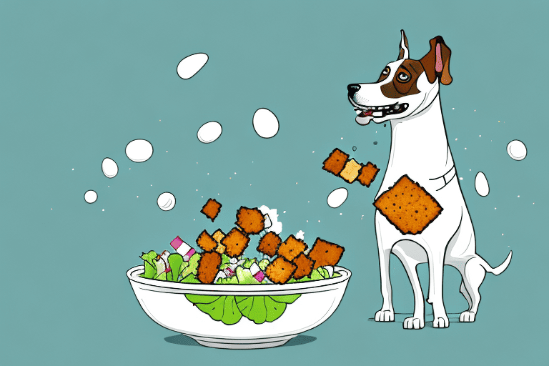 A curious dog sniffing at a bowl of salad with croutons scattered on the side