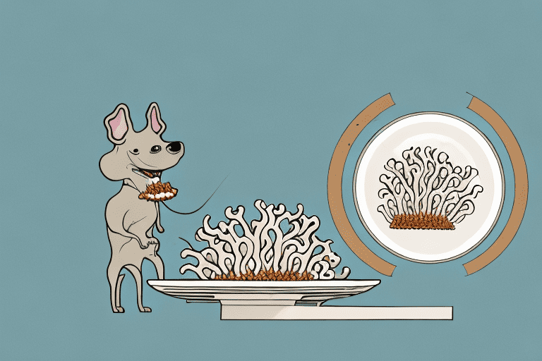 A curious dog sniffing at a pile of enoki mushrooms placed on a plate
