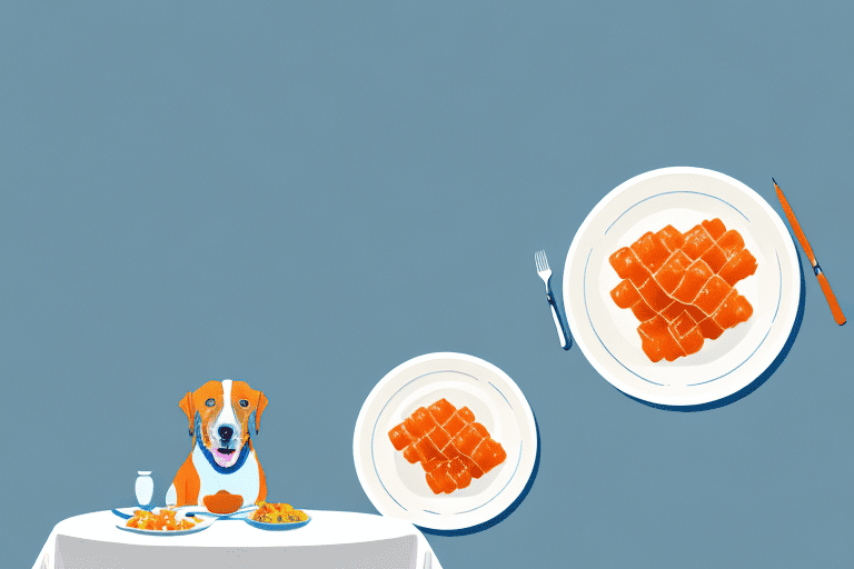 A curious dog sitting at a table with a plate of gefilte fish in front of him