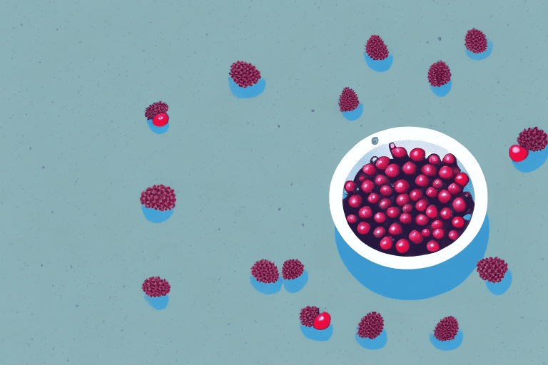 A curious dog looking at a bowl filled with vibrant lingonberries