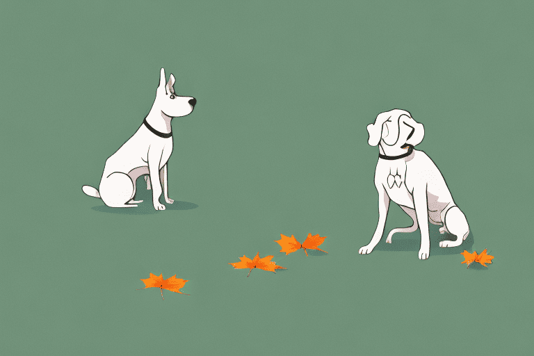 A curious dog sniffing at some fallen maple tree seeds on the ground