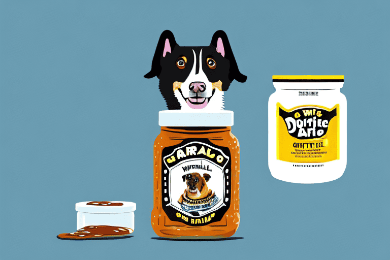 A curious dog sitting next to an open jar of marmite