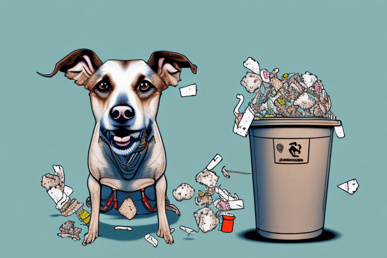 A curious dog sitting near a trash can with discarded chicken bones peeking out