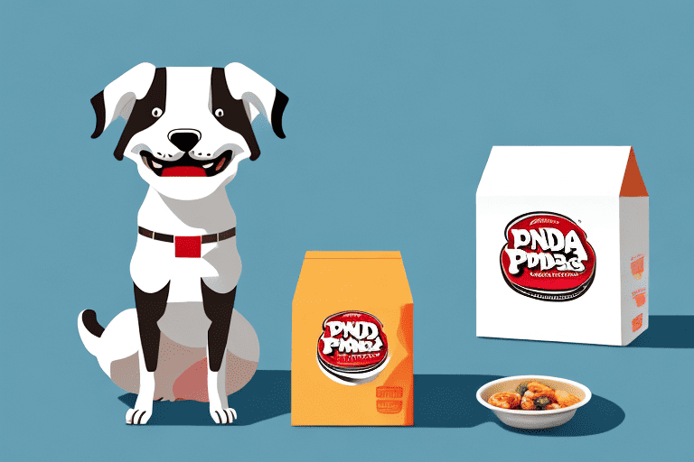 A curious dog sitting next to a box of panda express food