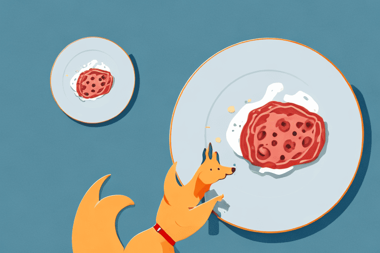 A curious dog sitting near a plate of polska kielbasa