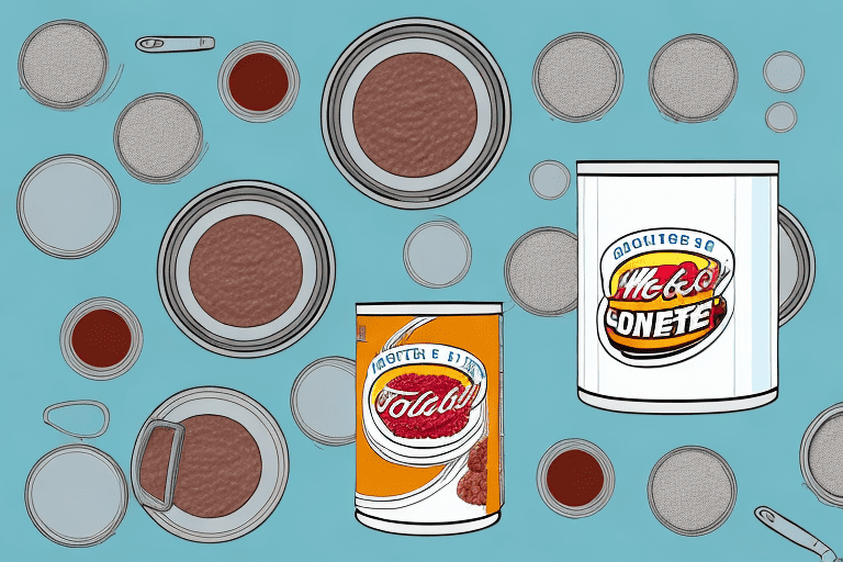 A curious dog looking at a can of potted meat on a kitchen countertop