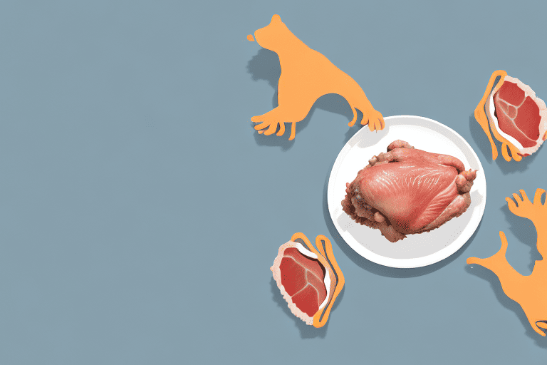 A curious dog looking at a pair of raw turkey wings placed on a plate