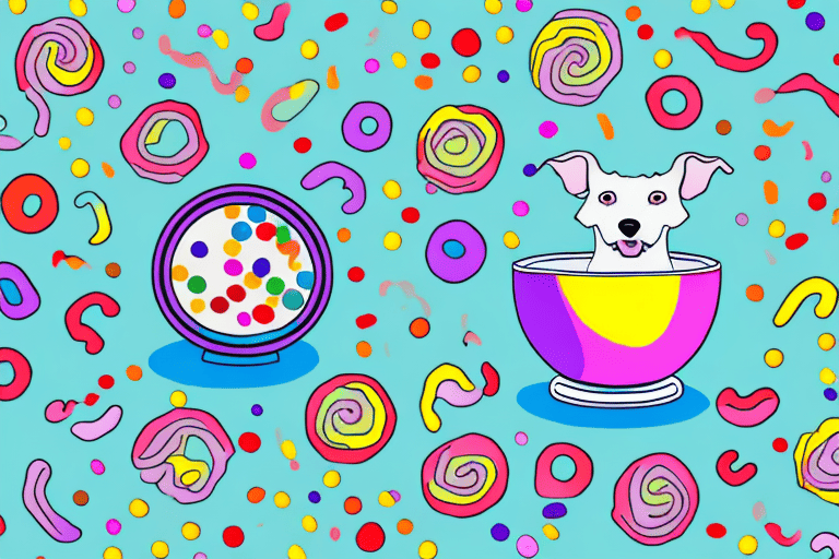 A curious dog sniffing a bowl full of colorful sprinkles