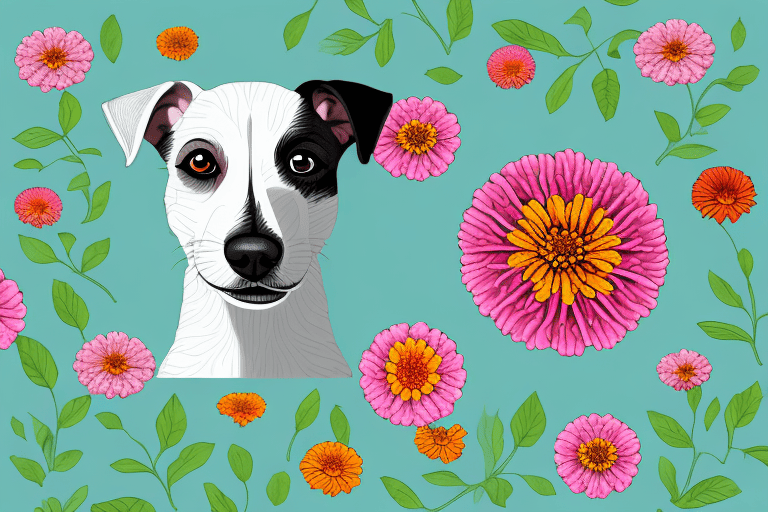 A curious dog sniffing a vibrant zinnia flower in a garden setting