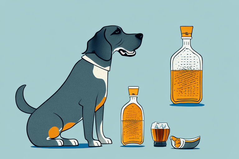 A dog curiously sniffing a bottle of agave syrup that is placed on a table