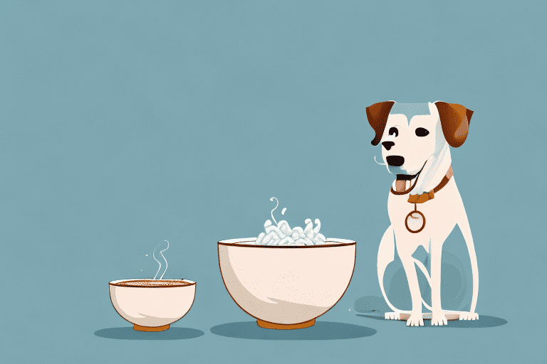 A curious dog sitting next to a bowl of arroz con leche