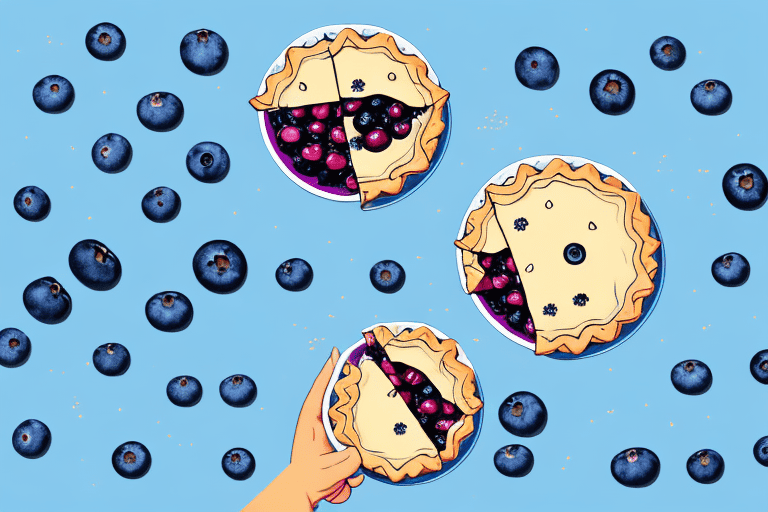 A cheerful dog sitting next to a slice of blueberry pie