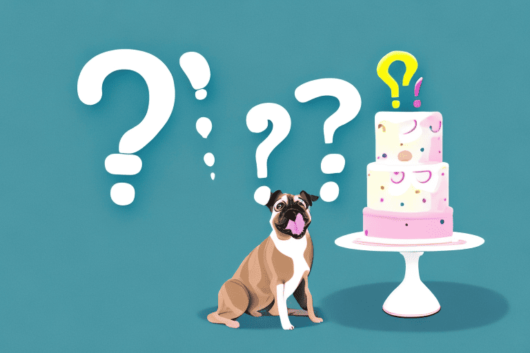 A curious dog sitting next to a cake with icing