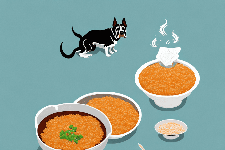 A curious dog sitting next to a bowl of mexican rice